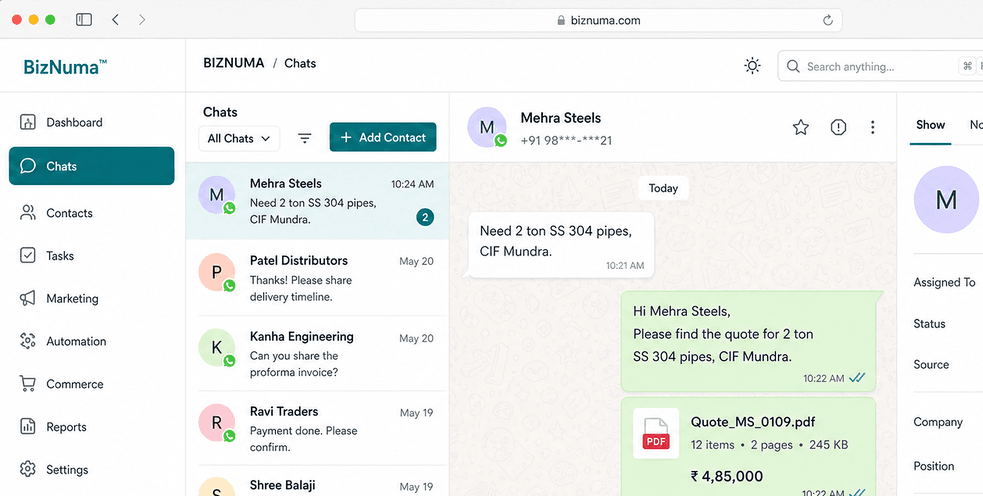 BizNuma shared WhatsApp team inbox with lead conversations and CRM details