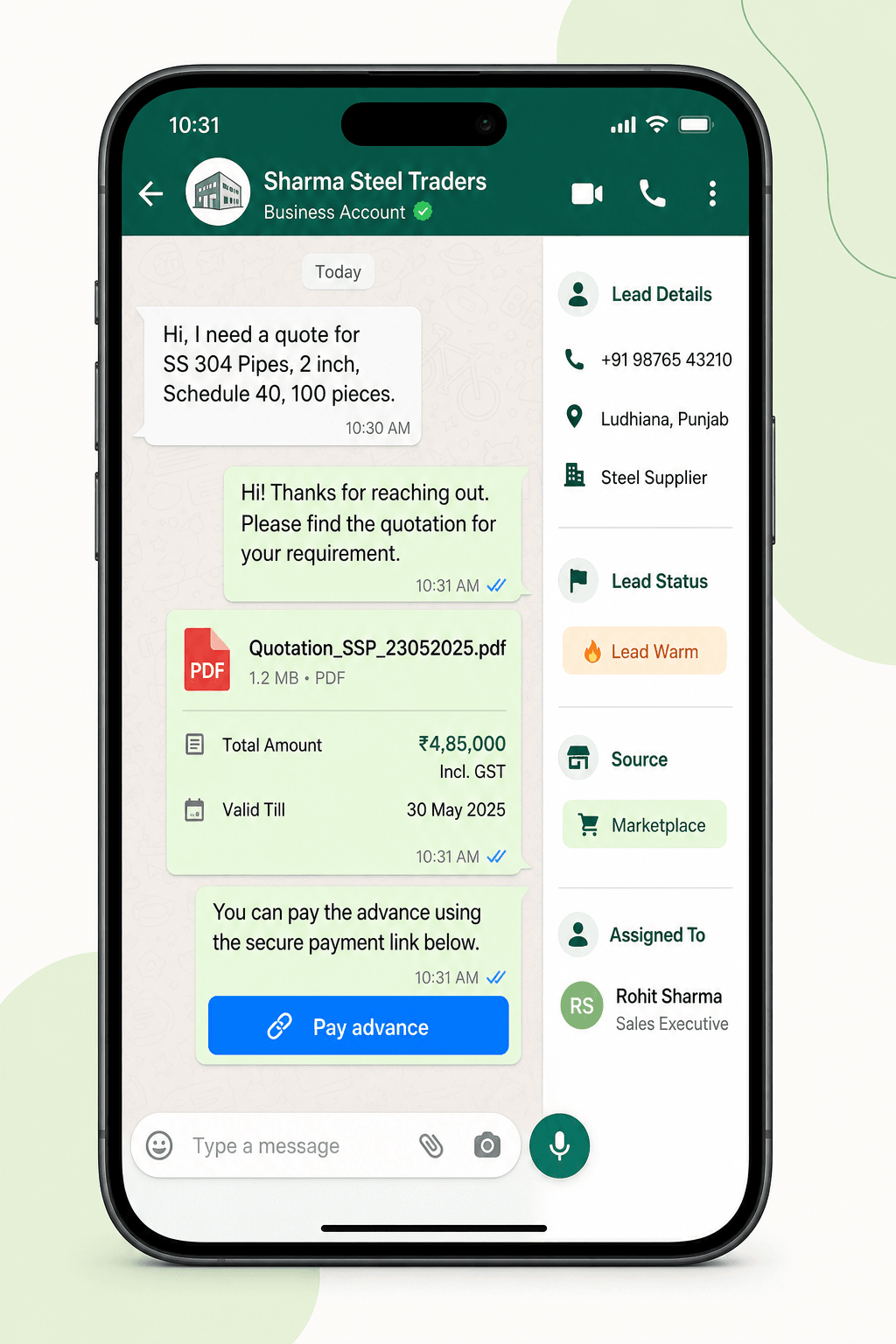 BizNuma mobile WhatsApp chat with GST quote, Pay advance button, and Marketplace lead source