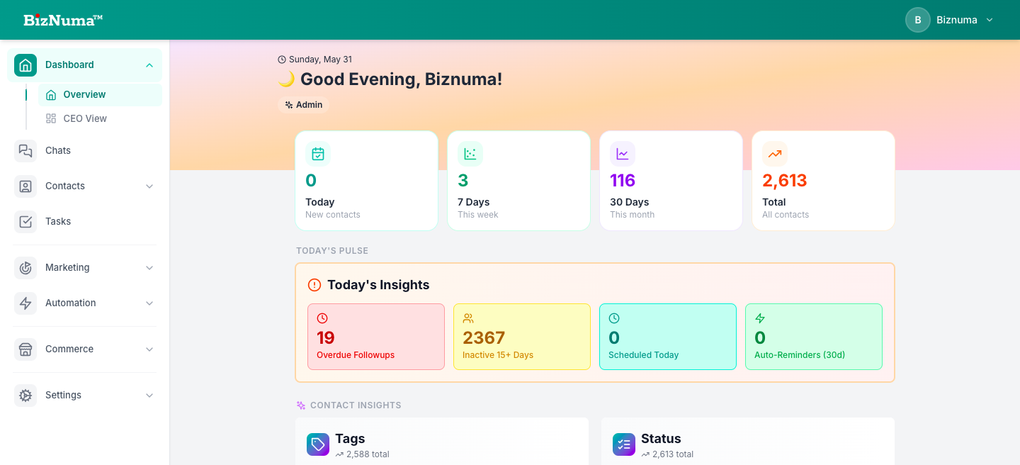 BizNuma WhatsApp CRM dashboard with contacts and lead overview